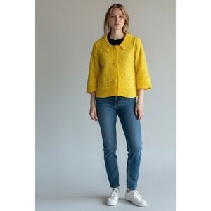 Sara Isabella Eyelet Cropped Jacket Womens Large Yellow Linen Blend Vintage